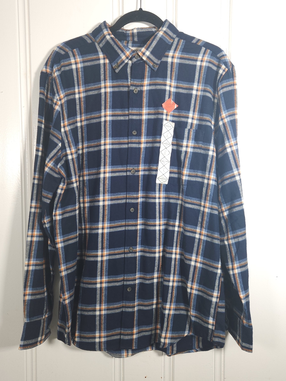NWT St. John's Bay Navy Orange  Super Soft Plaid Flannel Shirt L